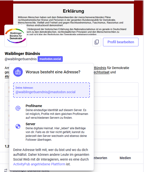Screenshot des Mastodo Profils vom Waiblinger Bündnis
