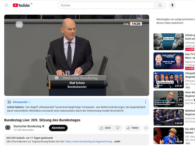 You Tube - Bundestag Live: 209. Sitzung des Bundestages