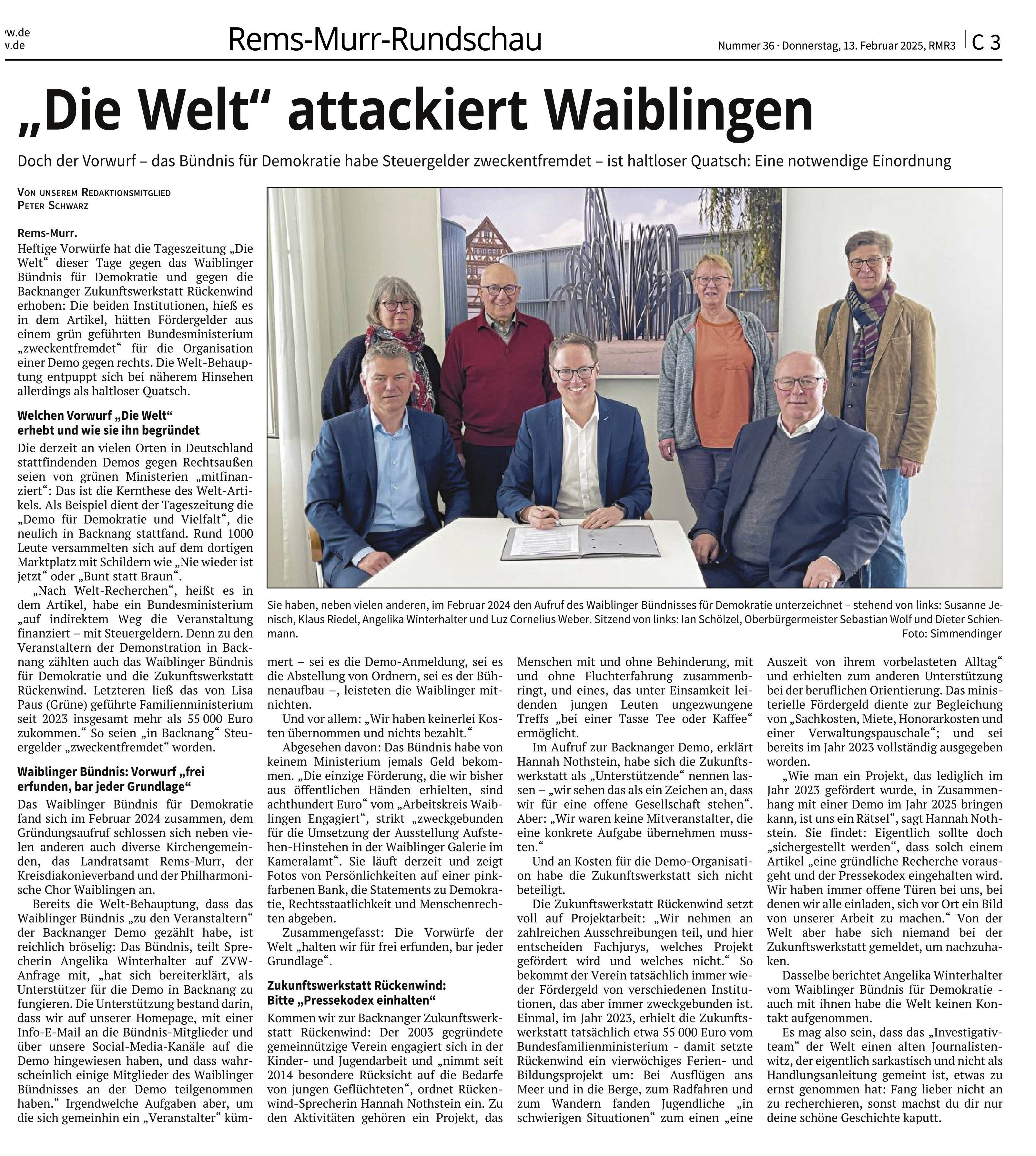 Böser Quatsch: So attackiert "Die Welt" das Waiblinger Bündnis für Demokratie - WKZ vom 13. Februar 2025