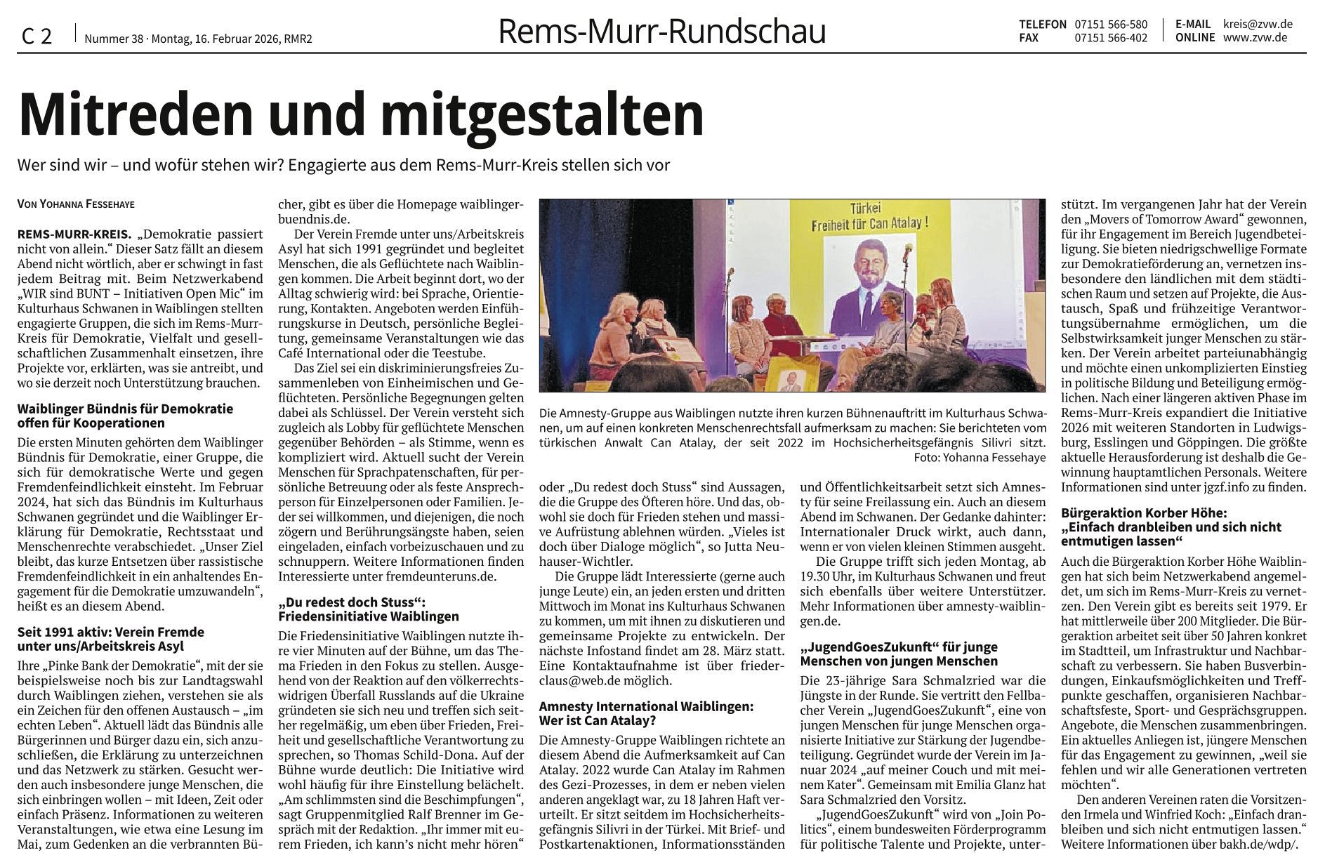Waiblinger Kreiszeitung vom  16. Februar 2026