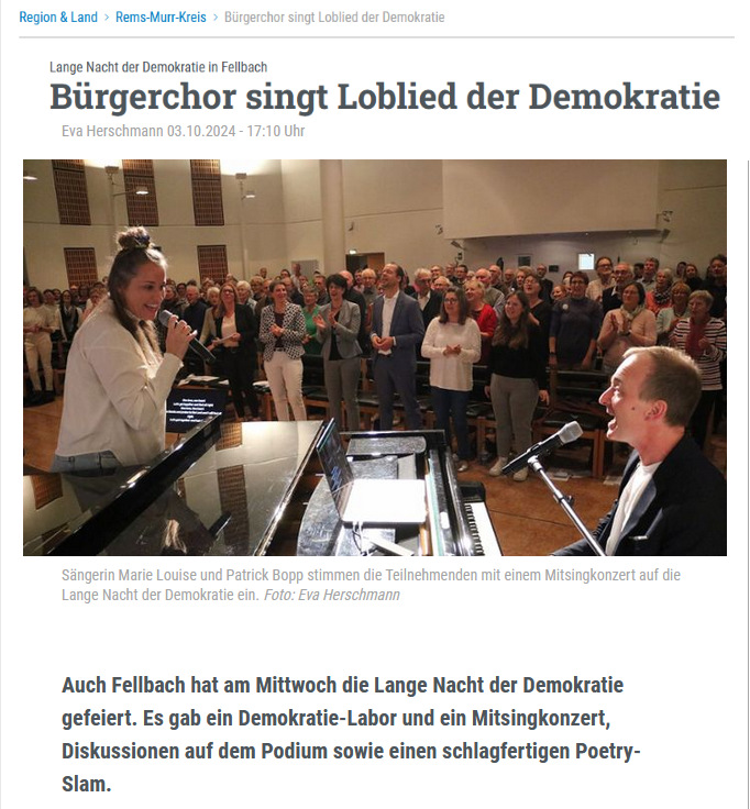Lange Nacht der Demokratie in Fellbach Bürgerchor singt Loblied der Demokratie